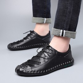 Men Cowhide Hand Stitching Breathable Soft Bottom Elastic Band Casual Business Shoes