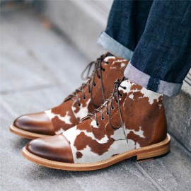 Men Cow Spot Printed Cap Toe Comfy Ankle Jack Boots