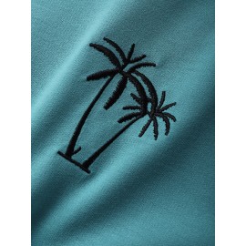 Mens Hooded Coconut Tree Embroidery Patchwork Drop Shoulder T-Shirts