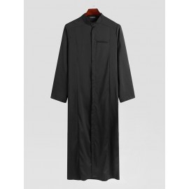 Men Stand Collar Button Long Sleeve Solid Long Robe T-shirts