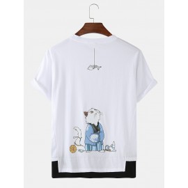Cute Cartoon Cat Back Print Cotton Round Neck Short Sleeve Loose T-Shirts